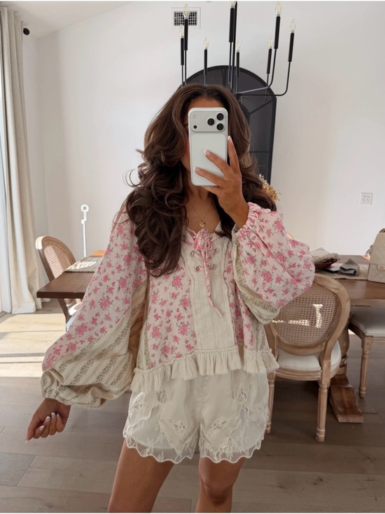 POL Tops - POL Pink Floral Lace-Up Peasant Blouse